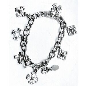 ATI Mexico 925 Sterling Silver Cross & Flower Charm Bracelet 7.5 Inch 15.79g